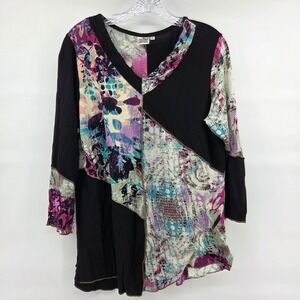 Parsley & Sage Tunic Top M Black Multicolor Patchwork Art-Inspired Eclectic Boho